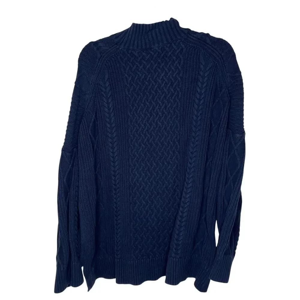 J. Crew Womens Sweater 2X Plus Navy Long Cotton Cable Knit Mockneck Heavyweight